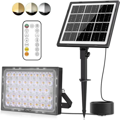 CLY Focos LED exteriores solares com controlo remoto 30 W, 2600 LM luz solar 2700 K-6500 K luzes solares LED exterior jardim 2 modos dinâmicos candeeiro solar 5000 mAh IP66 impermeável para garagem
