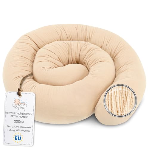 Totsy Baby Almofada para dormir de lado muselina, almofada para o corpo de cobra 200 cm algodão - almofada cervical rolo lavável almofadas grandes almofada para o corpo Oeko-Tex bege claro
