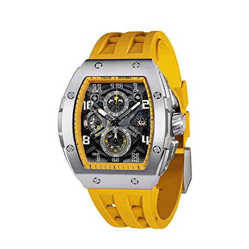 TSAR BOMBA Relojes Hombre Tonel Lujo Reloj de Pulsera Cristal Zafiro Movimiento Japonés Impermeables 50M Luminoso Fecha Esqueleto Cuadrados Analogico Deportivo Cronógrafo Reloj de Hombre