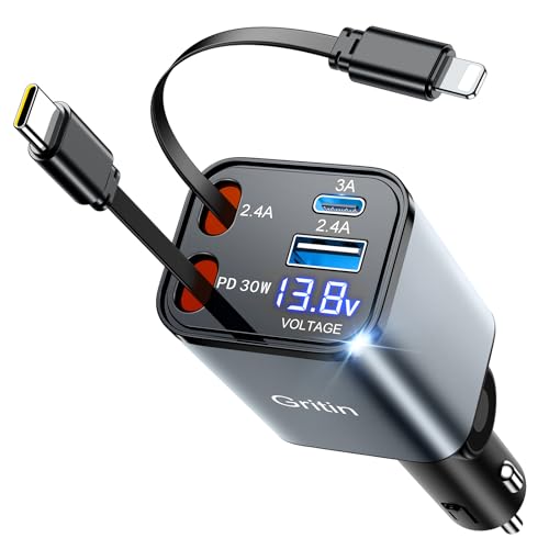 Gritin Carregador de carro portátil, 69 W PD 3.0 carregador de carro rápido, 4 em 1 adaptador carregador de carro com 80 cm cabo retrátil e 2 portas USB compatível iPhone 16/15/14/13/12/11/iPad/GG/GG
