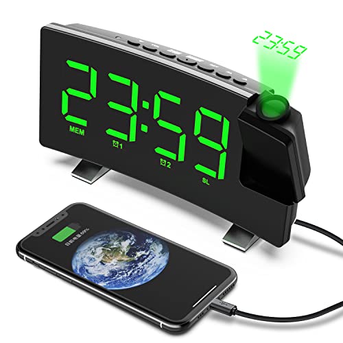 VORRINC Projetor de rádio despertador digital, FM relógio de projeção, despertadores digitais, relógio de ecrã curvo LED de 7 polegadas e atenuador, alarme duplo, porta USB, 12/24 horas, Snooze
