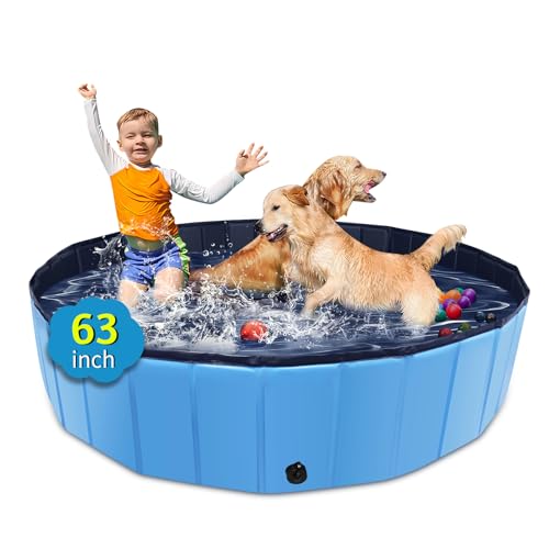CACSPS Piscina dobrável para cães de 160 cm, piscina portátil de plástico rígido de grande tamanho para cães, gatos e crianças e animais de estimação, banheira de banho dobrável para cachorros (azul)