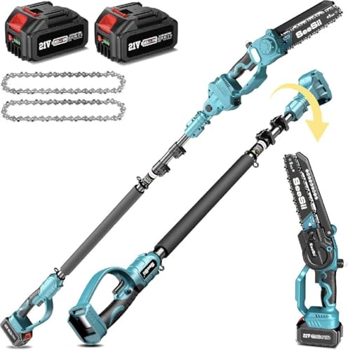 SEESII Motosserra sem fios 2 em 1 e mini serra com 2 baterias de 4000 mAh, sem escovas de 8 polegadas com pino telescópico, expansível até 15 pés para poda árvores