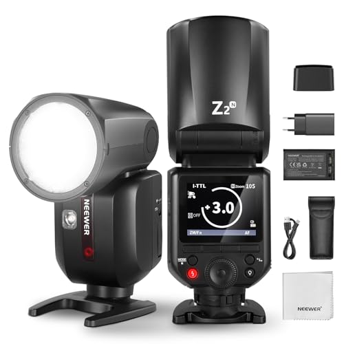 NEEWER Z2-N 2,4 G Flash Speedlite TTL Round Head 76 W compatível com Nikon, interface de usuário aprimorada, lâmpadas de modelagem, TTL / M Quick TCM Switch, 1/8000s HSS, 2600 mAh bateria, pano de