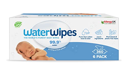 WaterWipes Toalhetes húmidos originais para bebés, sem plástico, 360 unidades (embalagem de 6), 99,9% base de água e sem perfume para peles sensíveis