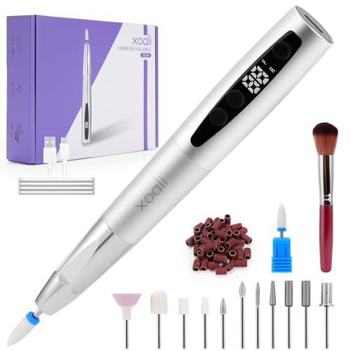 Xoali Gorno profissional para unhas 35000 rpm, 13 em 1 lima elétrica unhas recarregável por USB, torno de unhas sem cabo com velocidade ajustável, kit de manicure e pedicure para salão de unhas e