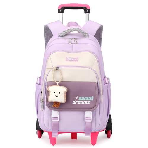 Amythe Mochila com rodas para menina, mochilas escolares carrinho para adolescentes, carrinho mochila de viagem para crianças, mochila portátil casual 36 L para menina e mulher com carrinho, Roxo, L