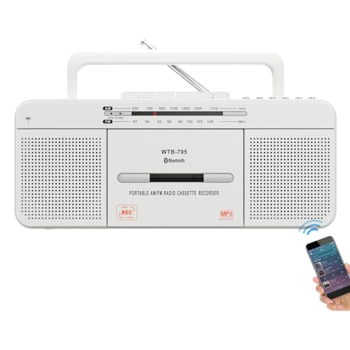 WISCENT Reprodutor de cassete com rádio estéreo USB/Bluetooth/Am/FM, conversor de cassete para MP3, altifalante grande, conector para auriculares (branco leitor de cassete)