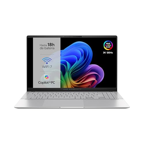 ASUS Vivobook S 15 OLED S5507QA-MA012W Copilot PC - Computador portátil 15,6" Wide Quad HD+ 120Hz (Qualcomm Snapdragon X1P42100-16GB RAM- 512 GB SSD- Adreno GPU- Win. dows 11 H Ome) Prata fria -