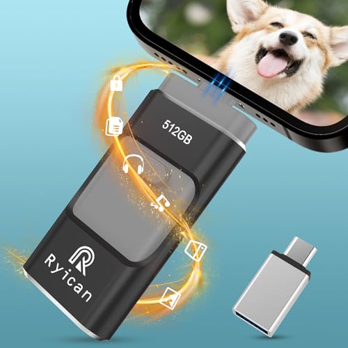 Memória USB para Phone 512GB, Ryican 4 em 1 Pendrive transmissão de alta velocidade Photostick USB 3.0 memória externa para iOS/Pad/Android/telefone/PC, tem função de proteção senha