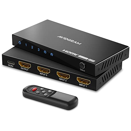 Interruptor HDMI 2,1 8 K 60Hz, AVIDGRAM HDMI 3 em 1 saída com controlo remoto IR, 3 portas 4K 120Hz Auto HDMI Selector Hub suporte 8K 48 Gbps para Xbox Series X PS4 Pro PS5 Roku UHD TV Monitor
