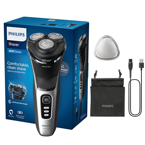 Philips Série 3000 Máquina de barbear elétrica para homem, máquina de barbear com cortinadores, 27 lâminas, cuidado da pele, 60 min de uso, seco e húmido, recarregável, capa, S3241/12, cinzento