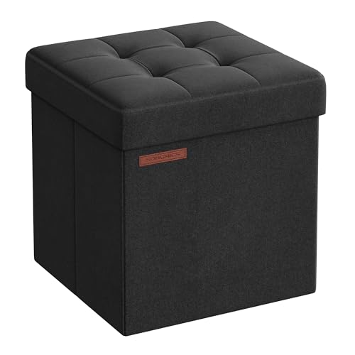 SONGMICS Puff arrumação 38 cm, baú de arrumação, banco para os pés, tinta preta LSF27B01