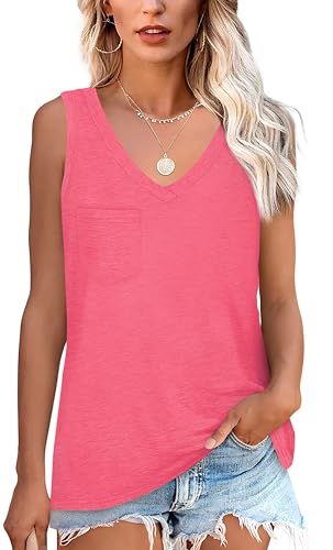 NONSAR T-shirt básica de verão sem mangas para mulher. T-shirt elástica com decote em V e bolso, t-shirt interior confortável de estilo casual