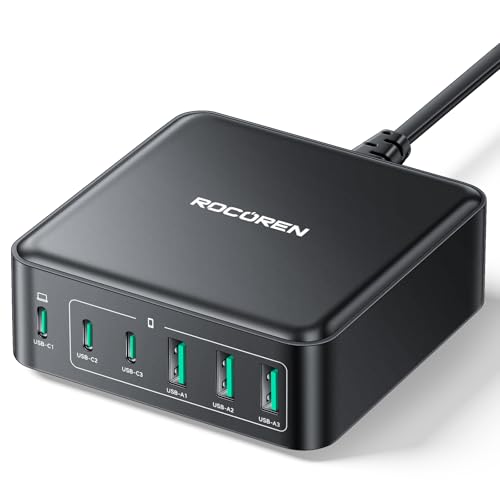 Rocoren Carregador múltiplo USB C, estação de carregamento GAN de 6 portas de 160 W, 3 C e 3 A PD 65W QC 4.0 PPS para MacBook Pro/Air, iPad, iPhone 16/15/14, Samsung