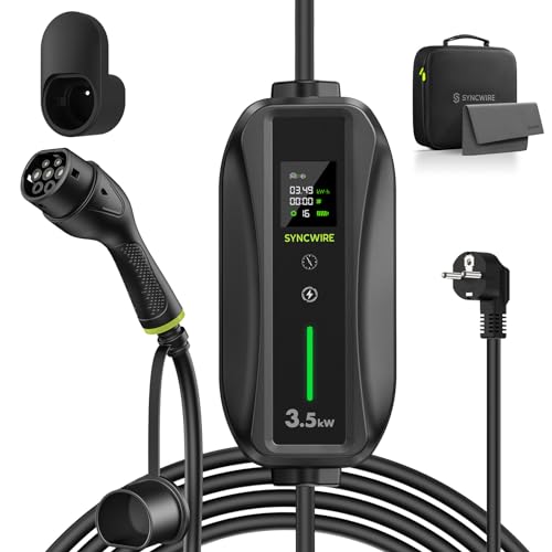 SYNCWIRE Carregador de carro elétrico 5,5 m, 6/8/10/13/16A EV carregador tipo 2 ajustável com ecrã LCD, caixa de carregador impermeável, suporte de cabo, bolsa de armazenamento