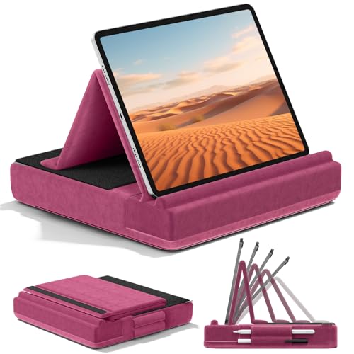 KDD Suporte de almofada para tablet suporte de almofada dobrável para iPad com ângulo ajustável cama e secretária suporte tablet com suportes para lápis tátil para iPad Pro 12.9 11 Air Mini violáceo
