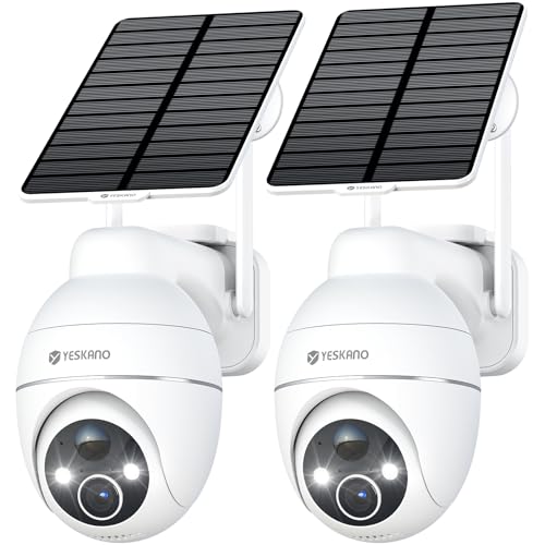 YESKANO 2K Câmara de vigilância WiFi exterior sem fio, painel solar 360° PTZ câmara exterior sem fios solar bateria 2,4 GHz, visão noturna cor, deteção PIR, áudio bidirecional - 2 unidades