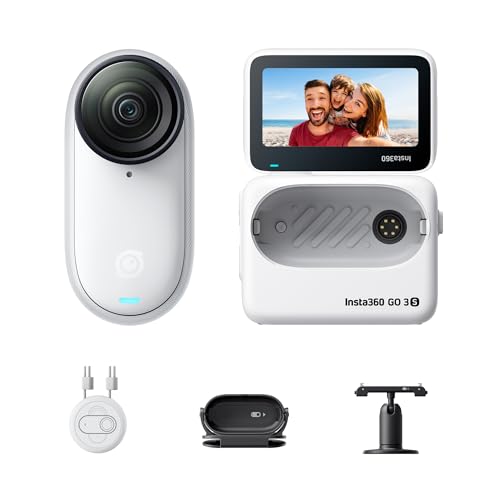 Insta360 GO 3S Branco (128 GB), câmara Vlogging 4K, POV mãos livres, monte-a onde quiser, estabilização, 140 min de bateria, impermeável 10 m, edição IA, Apple Find My, Vlog, viagens, exterior