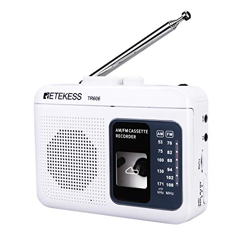 Retekess TR606 Leitor de cassete portátil, FM Am Radio, leitor de fitas cassetes e gravador, jack de auriculares de 3,5 mm, avanço e retrocesso rápido (branco)