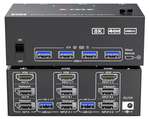 KVM Switch 2 PC 3 monitores HDMI+ 2 Displayport 8K @60Hz 4K@144Hz, MLEEDA comutador KVM para 2 computadores compartilhar 3 monitores e 4 dispositivos USB3.0, com fonte de alimentação de 12 V e 5 cabos