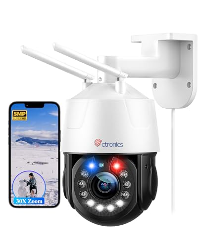 Ctronics 5MP 30X Câmara de vigilância WiFi exterior visão noturna HD de 150 m câmara de segurança PTZ deteção humana, seguimento automático, alarme audiível, IP66 impermeável (branco)