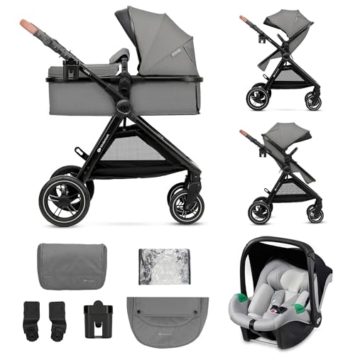 Kinderkraft ESME Cadeira de carro 3 em 1 conjunto, com porta-bebés Mink PRO I-Size, sistema de viagem, carrinho para bebé, carrinho, dobrável, para recém-nascido até 4 anos, cinzento