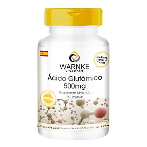 Ácido glutâmico 500 mg – Substância pura sem aditivos, 250 cápsulas, Warnke Vitalstoffe - Qualidade de farmácia alemã
