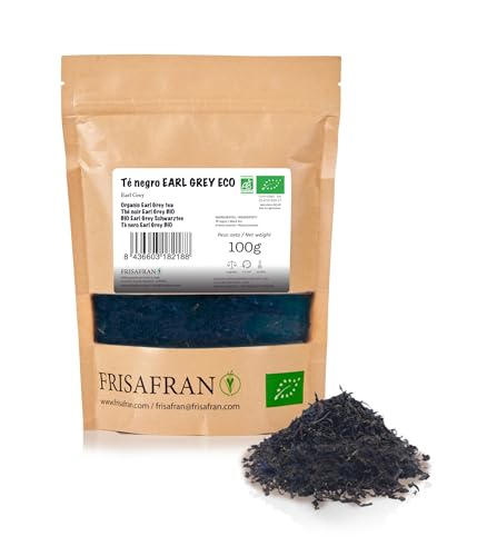 FRISAFRAN | Chá preto Earl cinzento ecológico a granel 100 g | anti-séptico | Folhas de chá preto | Energizante | saquinhos de chá preto, chá fresco e floral | Earl grey | chá preto earl grey | chá