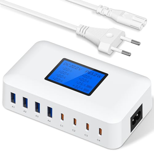 200 W Carregador USB C múltiplo, 8 portas USB C carregador portátil PD de 65 W de carregamento rápido, estação de carregamento USB com ecrã LCD, para MacBook, iPad, iPhone 16/14/13 Pro/MAX e Samsung