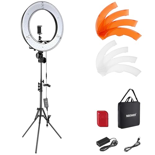 Neewer Conjunto de iluminação de 48 cm para exterior, 55 W, anel de luz LED regulável com 5500 K, suporte do anel de luz com encaixe para smartphone, adequado para tirar selfies para Youtube e fazer gravações para TikTok