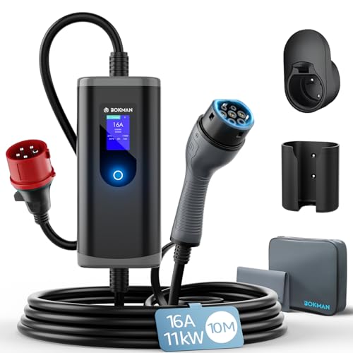 bokman Carregador de carro elétrico tipo 2 CEE, 11 kW / 3 fases / 10 metros / 6-16A / IP65 impermeável, EV-carregador portátil com adaptador CEE para veículos elétricos