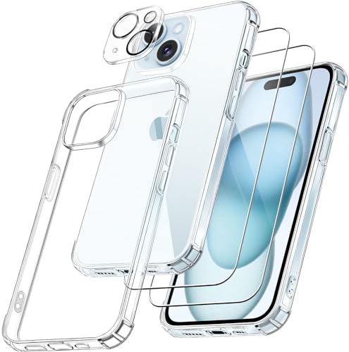 FLLAO Capa 4 em 1 para iPhone 15 com 2 protetor de ecrã e 1 protetor de lente câmera, [almofada de ar integrada] anti-impactos anti-riscos capa 6,1 polegadas, transparente