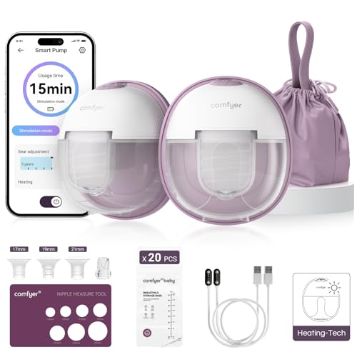 comfyer W2 Saquilhadores elétricos mãos livres, extrator de leite duplo para a boca do bebé, flange de vedação dupla com 3 tipos e 9 níveis, compressa térmica, carga magnética, controlo via APP