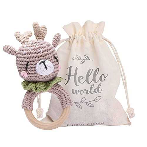 Youuys Brinquedo chocalho de madeira para bebé, com som, anel de dentição de crochê, brinquedo para a dentição de bebé, presentes para recém-nascidos meninos e meninas (alce)