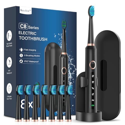 Escovas de dentes elétricas sónico para adultos com 8 cabeças, escova elétrica com estojo, 5 modos e IPX7, escovas de dentes elétricas ultrassónicas para mulheres e homens, preto escuro