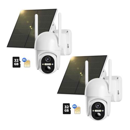 NUASI 2K 4G LTE Câmara de vigilância exterior com painel solar, 2 unidades: 360 graus PTZ, deteção de movimento PIR, visão noturna colorida, áudio bidirecional, com cartão 32 GB e SIM, IP66