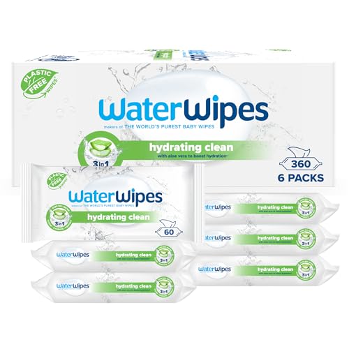 WaterWipes Limpeza hidratante toalhetes para bebé, 360 toalhetes (6 pacotes), com 99% de água e extrato de aloé verera, toalhetes húmidos para rosto e corpo