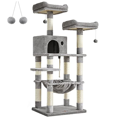 Feandrea Árvore para gatos de altura 143 cm, torre para gatos, com 11 postes de arranhões, 2 plataformas, 1 gruta, 1 rede, 2 pompões, tecido de pelúcia, multível, cinzento claro PCT15W