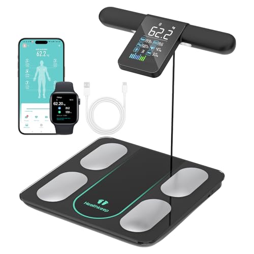 Healthkeep Balança pessoal equilíbrio conectada impedância com 8 elétrodos 21 dados corporais tela VA medição BIA de dupla frequência com APP para Andriod e iOS, máx. 180 kg/400 lb/28
