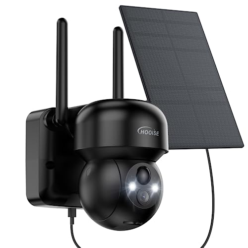 HOOISE 2K Câmara de vigilância WiFi exterior solar, câmara de vigilância de bateria, 360° câmara de segurança sem fios com visão noturna cor, deteção de movimento PIR, áudio bidirecional, IP65, preto