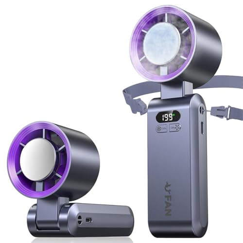 Mini ventilador de mão, função de refrigeração, 5000 mAh, vento forte e turbo ajustável de velocidade (1-199), ventilador de pescoço pequeno dobrável USB para campismo, viagens, casa, escritório