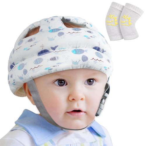 Vicloon Protetor de cabeça para bebé, capacete de segurança para bebé, com joelheiras, respirável, ajustável protetor capacete para bebé, adequado para crianças dos 0 aos 3 anos que aprendem a gatear