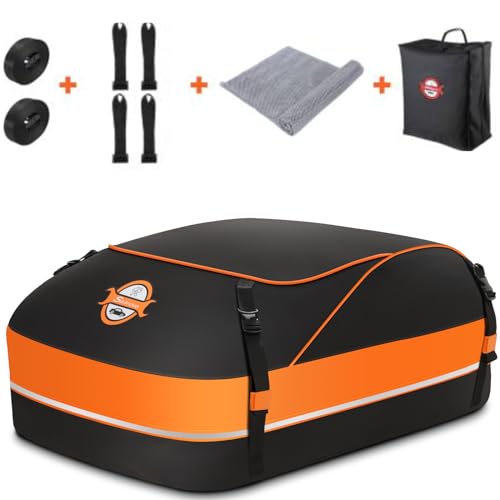 Sailnovo Baú de teto macio, 15 cúbicos/430 l, impermeável, tapete antiderrapante, 4 ganchos de porta, saco de armazenamento para teto de carro para a parte superior do veículo, laranja