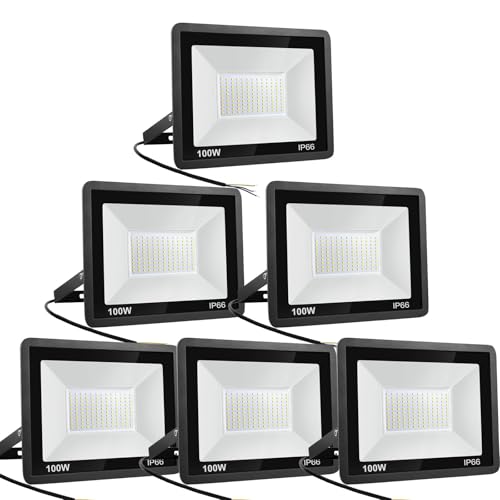 Niserelesa 6 unidades - holofotes LED para exterior, 100 W, IP66, impermeável projetor LED, branco frio, 6500 K, 10000 Lumen Floodlight para casa, garagem, pátio, terraço, campo