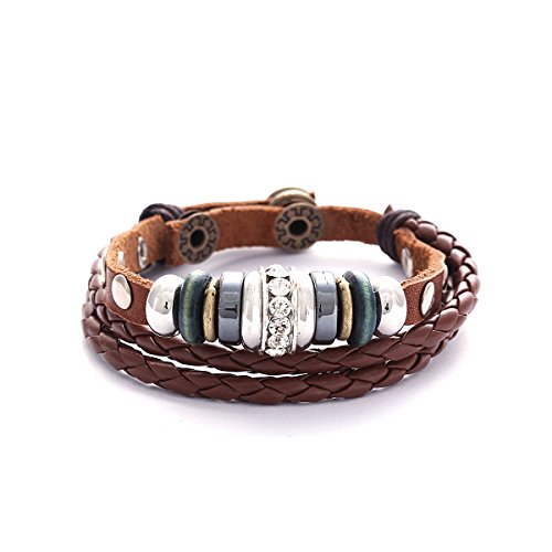 Pulseira de couro castanho entrançada para mulher com tachas, pérolas e pérolas de zircónio da marca Morellla, Couro, Zircónia