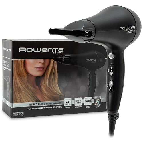 Rowenta Signature Pro Ac CV7810 Secador de cabelo profissional com motor AC profissional, sistema iónico, 2 posições de velocidade, concentrador e cabo extra longo, preto, 2200 W