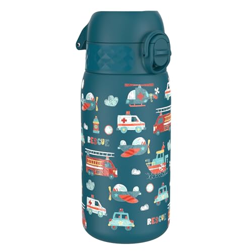 Ion8 Botella de Agua para Niños, 350ml, a Prueba de Fugas, Fácil de Abrir, Cerradura Segura, Apta para Lavavajillas,Sin BPA, Asa de Transporte,Fácil de Limpiar,Neutro en Carbono, Vehículos de Rescate