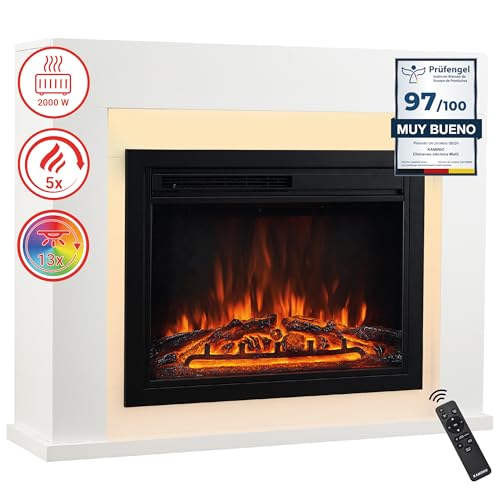KAMINIO Lareira elétrica MATTI - Fogão de pé aquecido, efeito de chama 3D, luz ambiente LED, controlo remoto - branco