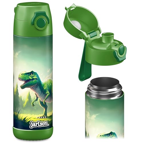 Jarlson Mali Garrafa de água térmica de aço inoxidável para crianças, sem BPA, à prova de fugas, garrafa infantil com tampa para chug, garrafa para escola, berçário (verde dinossauro, 18 onças)